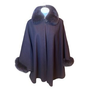 Marvin Richards Dark Purple Cape with Fur Trim 100% Wool Size OS Elegant Formal